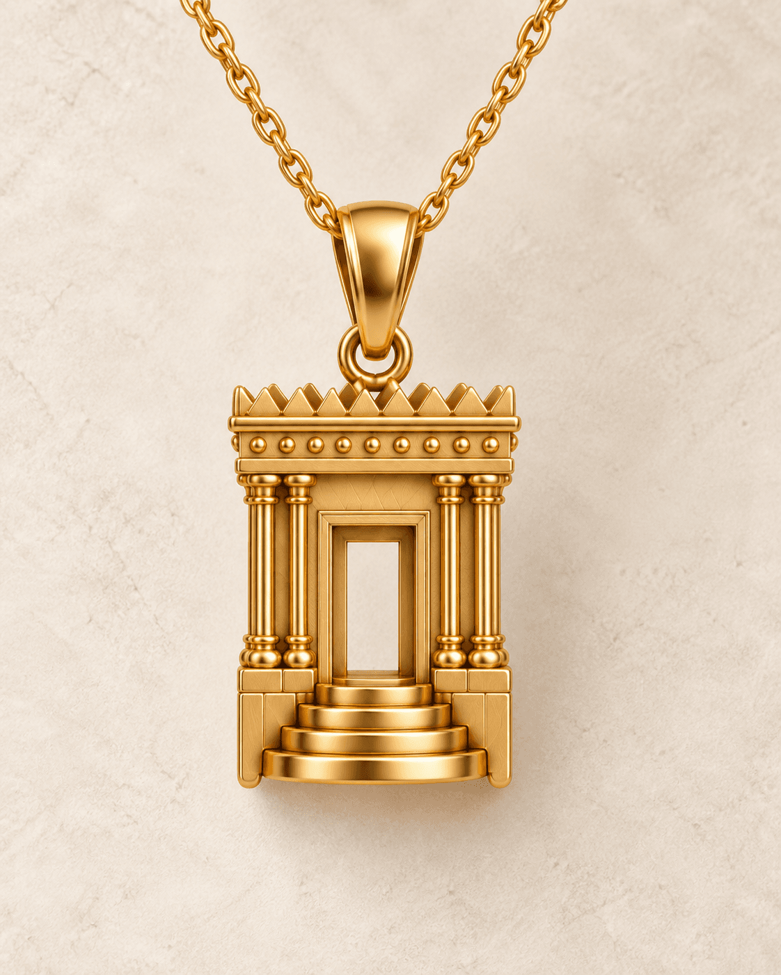 Front view of the gold architectural pendant on ivory
